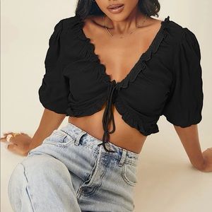 SHEIN Ruffled Self-Tie Puff Sleeve Crop Top in Black — Large